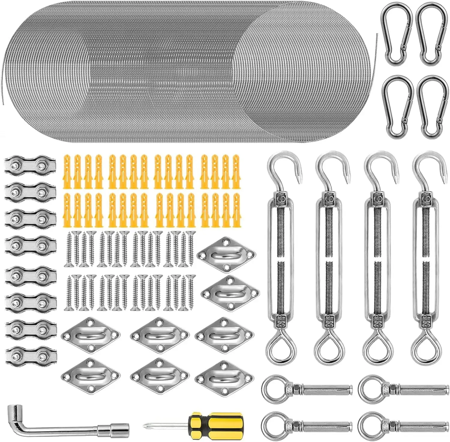 114 Pcs Sun Shade Hardware Kit for Rectangle Triangle Sun Shade. 6 Inch 304 Heavy Duty Marine Stainless Steel with 65 Ft Wire Rope. Sun Shade Sail Installation for Outdoor Lawn Garden