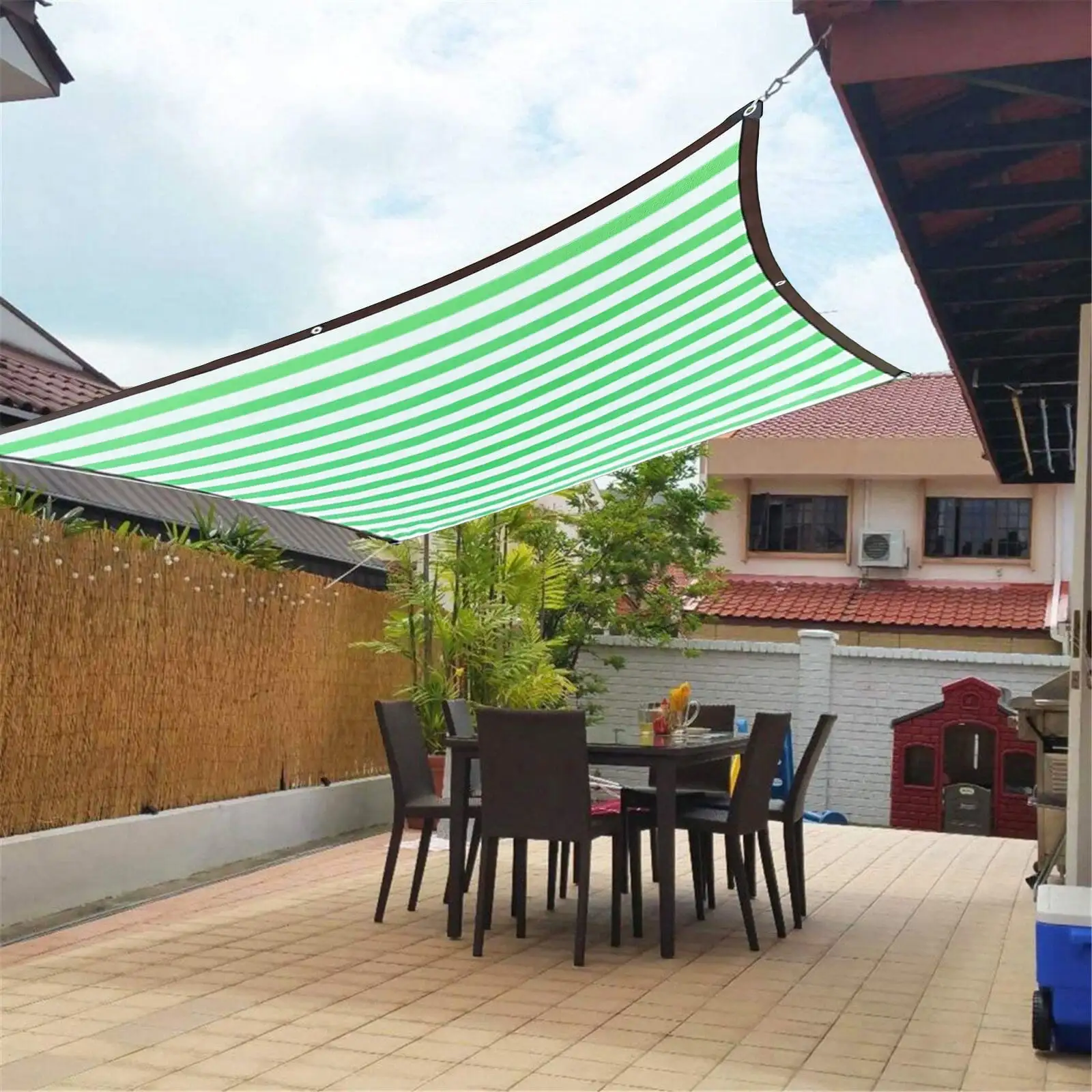 118??118??0.78Inch Outdoor Shade Fabric. Pergola. Deck and Backyard Patio Shade with UV Protection. Heat-Resistant HDPE Material and Reinforced Grommets (Green And White Stripe)