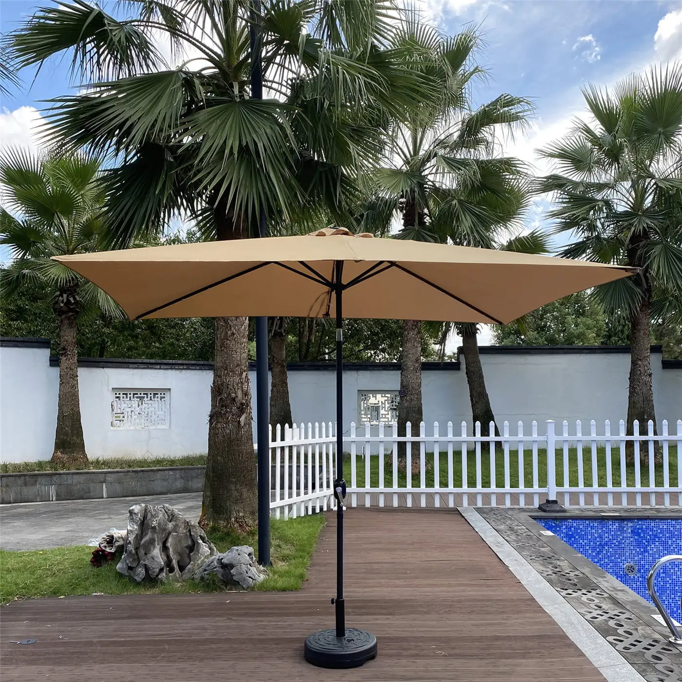 Patio Umbrella. 10X 6.5Ft Rectangular Outdoor Umbrella with 26 Solar LED Lights and Crank. Weather Resistant UV Protection Water Repellent Sun Shade for Garden Backyard Pool Beach. Taupe