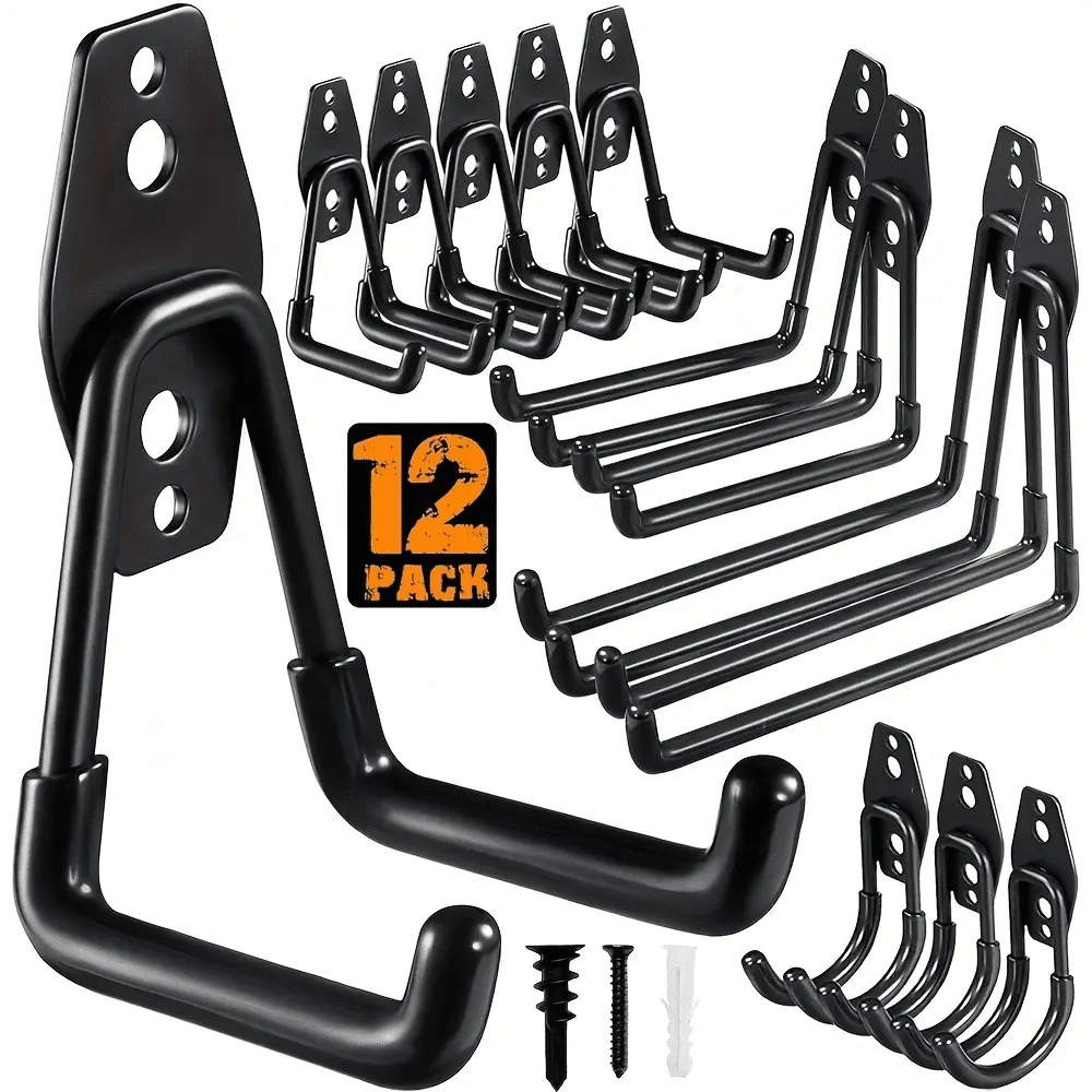 12 Pack Garage Hooks Heavy Duty.Utility Steel Garage Storage Hooks.Wall Mount Garage Hanger&Organizer for Organizing Power Tools.Ladders.Bulk Items.Bikes.Black