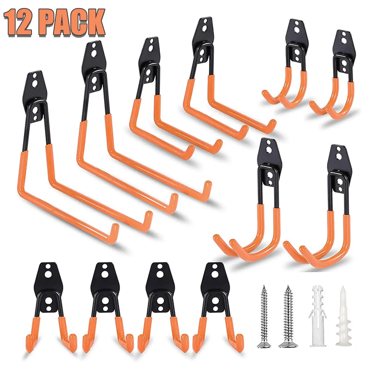 12 Pack Garage Hooks Heavy Duty.Utility Steel Garage Storage Hooks.Wall Mount Hooks. Garage Storage Organization and Tool Hangers for Power ?? Garden Tools. Ladders. Bikes .and More Equipment .Orange