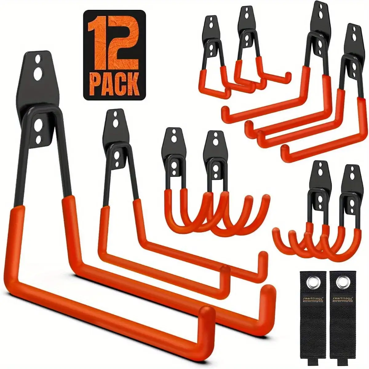 12 Pack Garage Hooks. Wall Mount Storage Holders with 2 Extension Cord Storage Straps. Heavy Duty for Utility Organizer. Garden Lawn Tools. Ladders Hanger. Bike