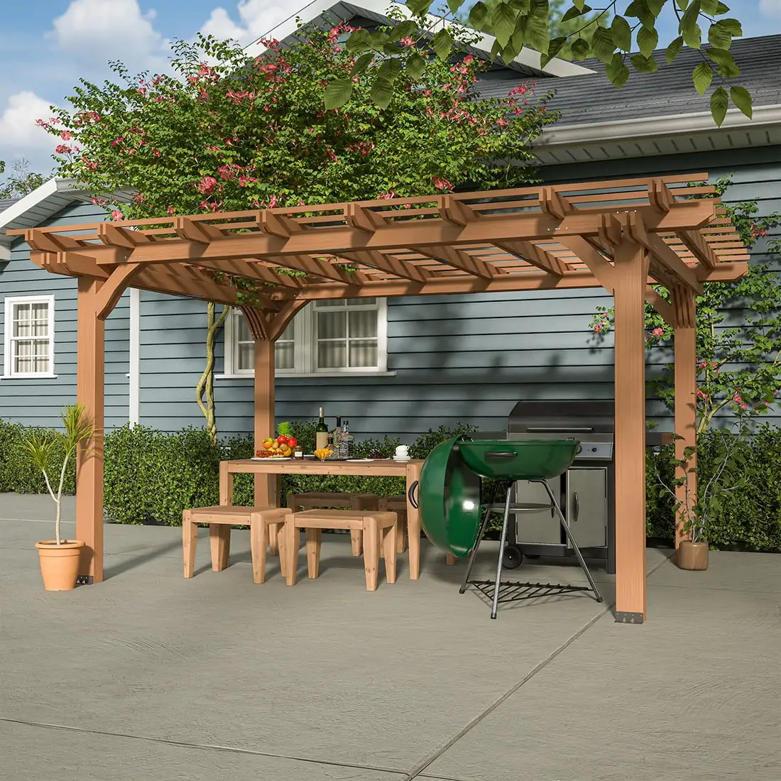 12 ft. x 10 ft. Brown Outdoor Pergola. Wood Gazebo Grape Trellis