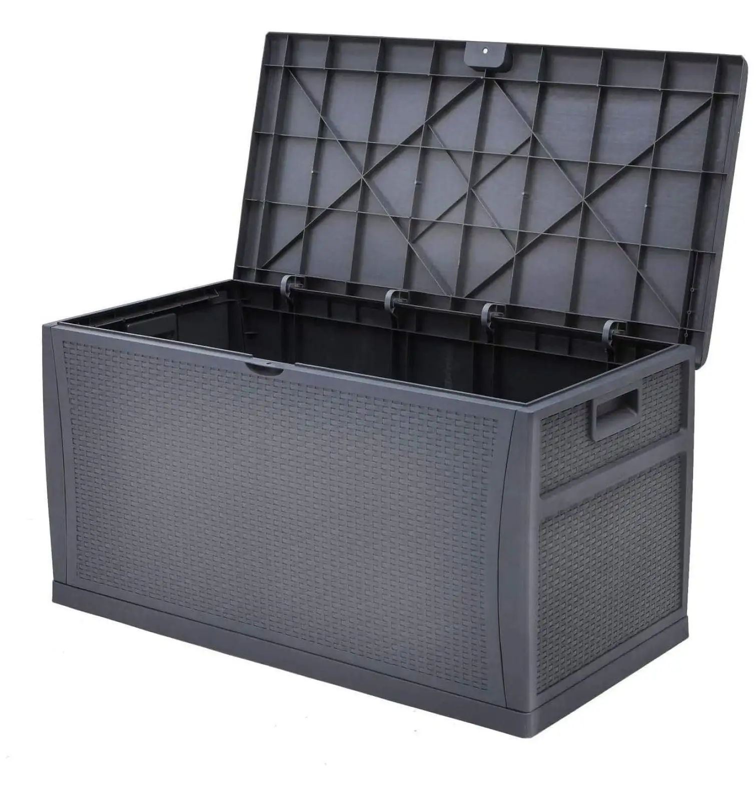 120 Gallon Outdoor Large Deck Storage Box. Resin Wicker Patio Storage Container for Patio Cushions. Gardening Tools and Toys (Dark Gray)