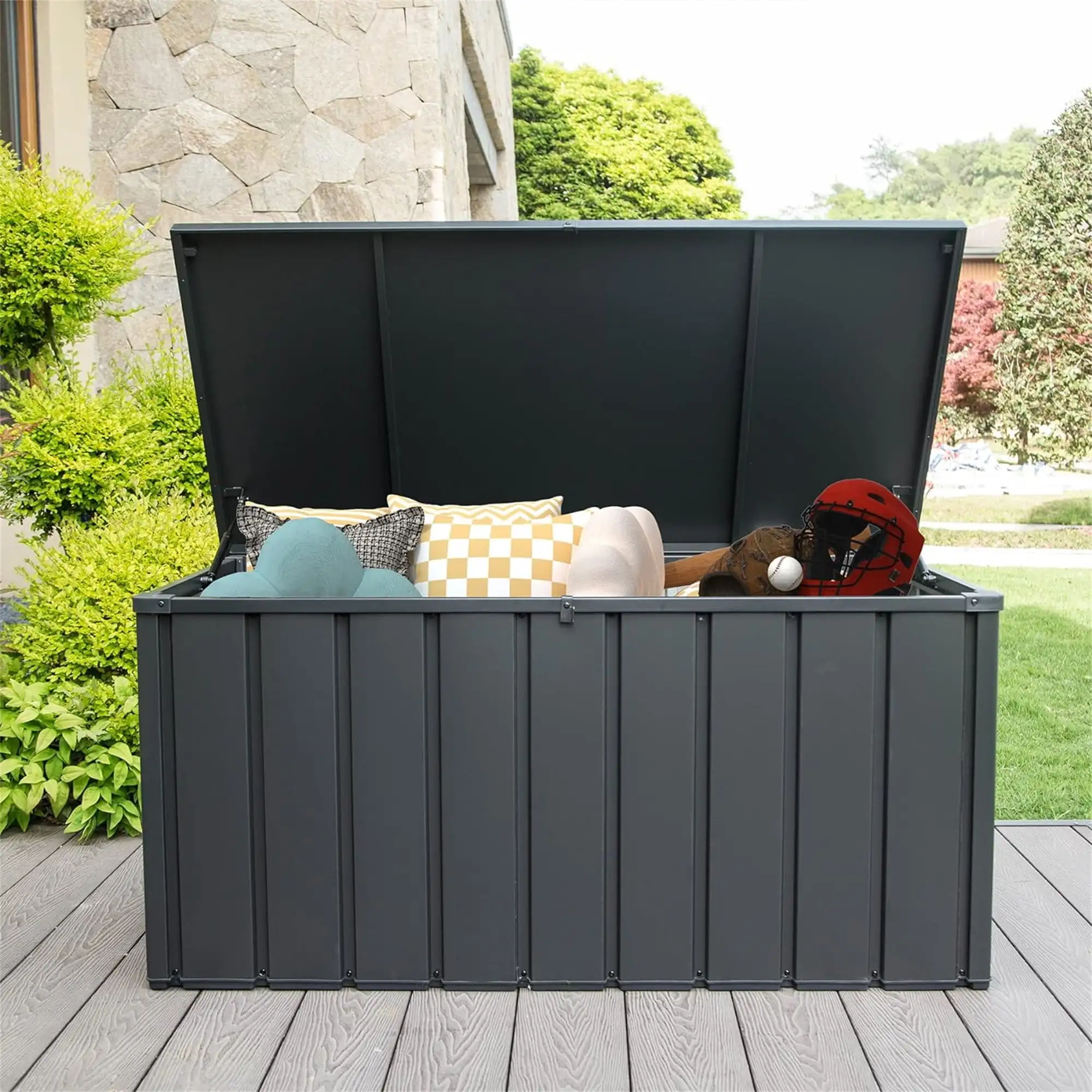 120 Gallon Outdoor Storage Deck Box Waterproof. Large Patio Storage Bin for Outside Cushions. Throw Pillows. Garden Tools. Lockable (Dark Gray)