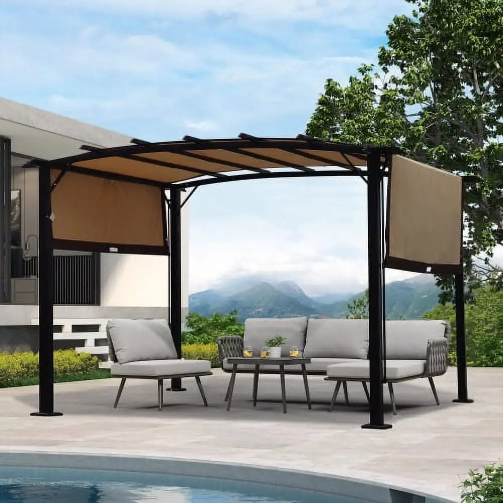 12x9 Ft Outdoor Pergola. Patio Retractable Gazebo with Adjustable Sliding Sun Shade Canopy.Heavy-Duty Steel Frame.Patio Furniture Set with Sun Shelter for Backyard Garden Poolside