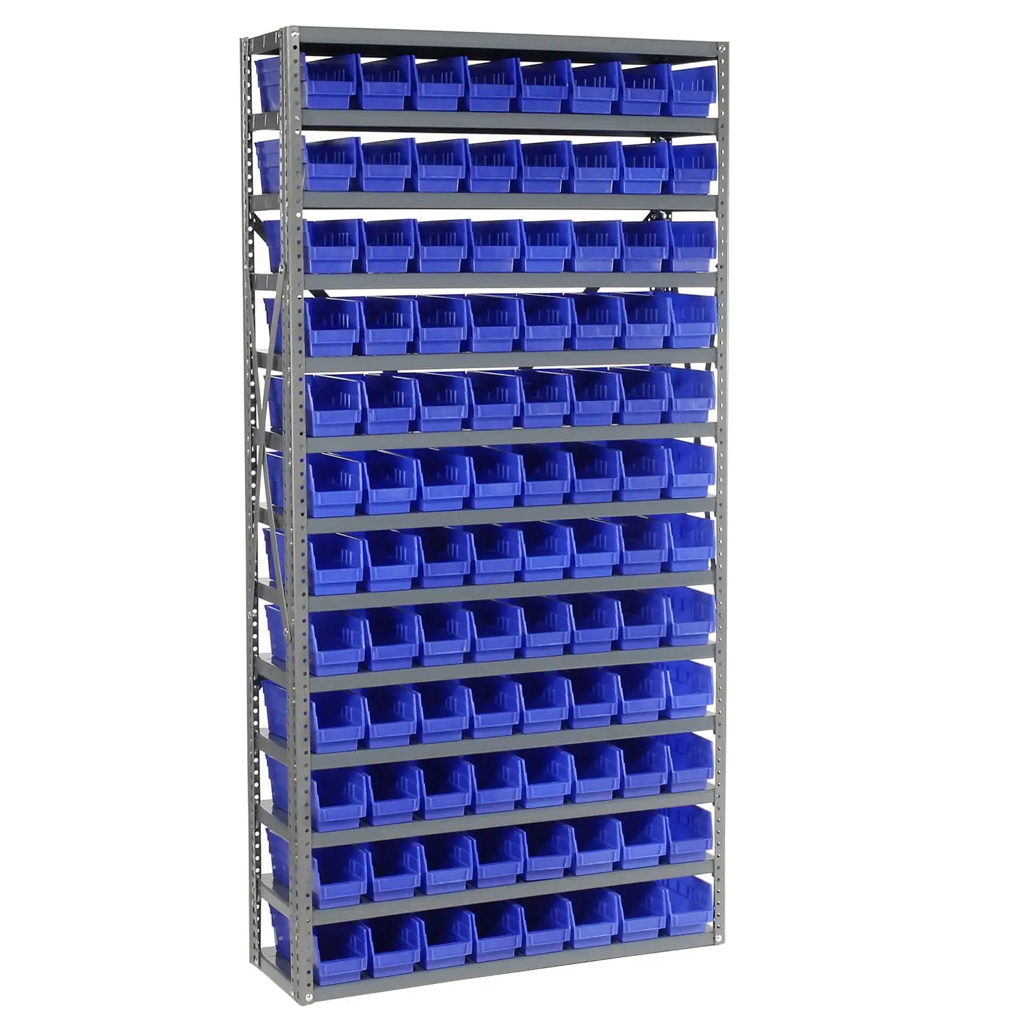 13 Shelf Steel Shelving with (96) 4H Plastic Shelf Bins. Blue. 36x12x72