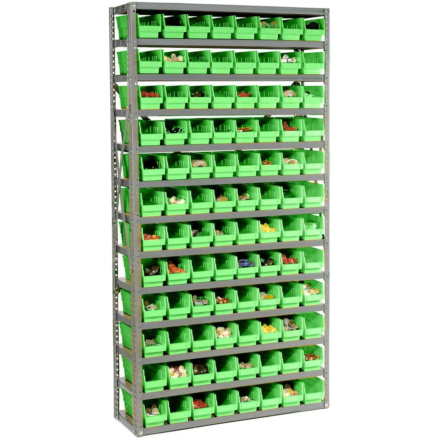 13 Shelf Steel Shelving with (96) 4H Plastic Shelf Bins. Green. 36x12x72