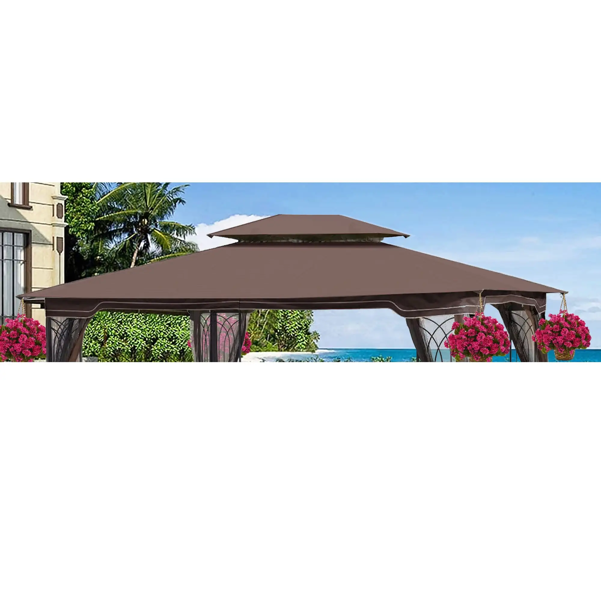 13' X 10' Ft Gazebo Canopy Top Replacement Double Tier Garden Canopy Yard Patio Gazebo Top Cover Pavilion Cover Sunshade Polyester Brown