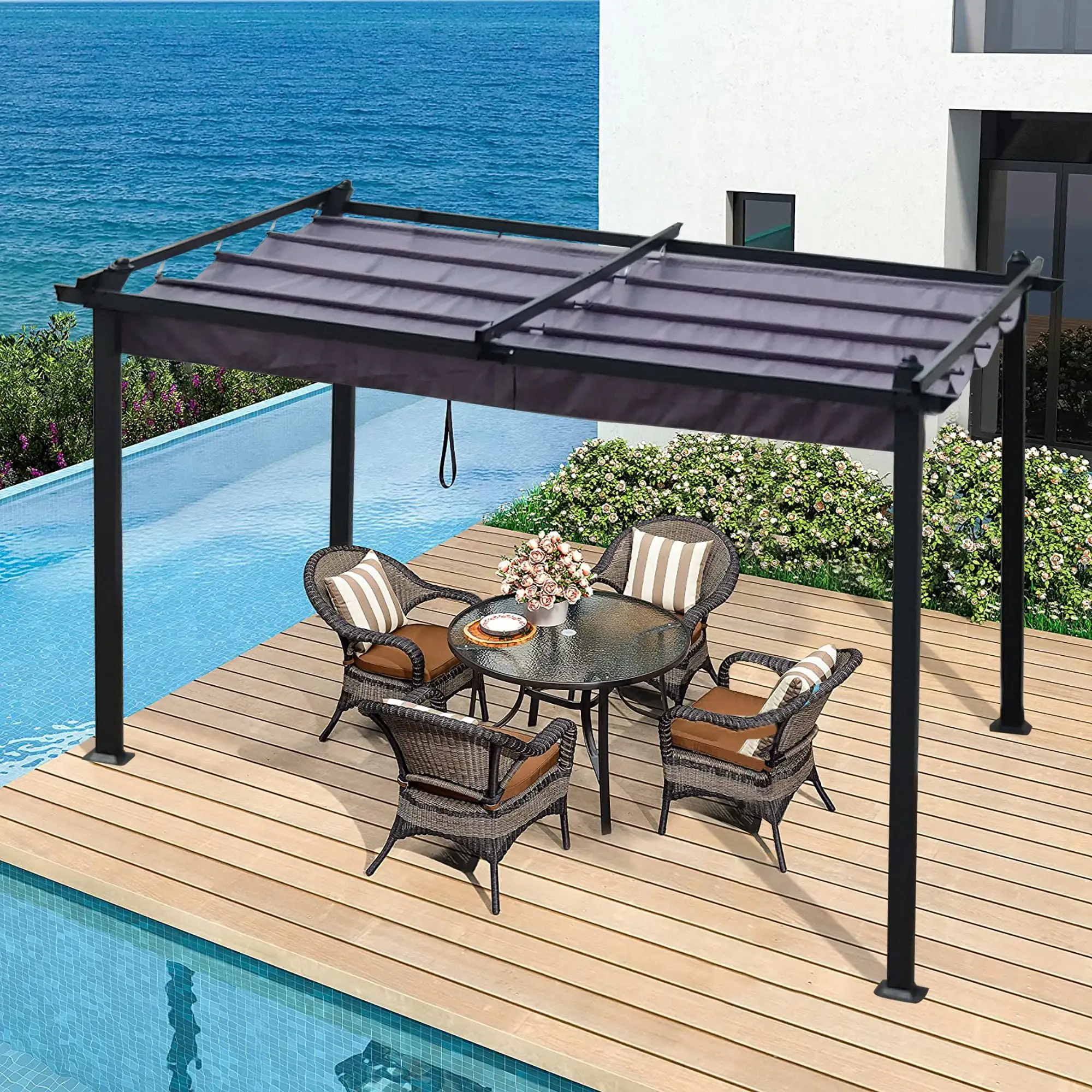 13 x 10 FT Patio Pergola. Outdoor Retractable Pergola with Sun Shade Canopy. Grill BBQ Gazebo for Garden. Yard. Pool. Gray. D8545