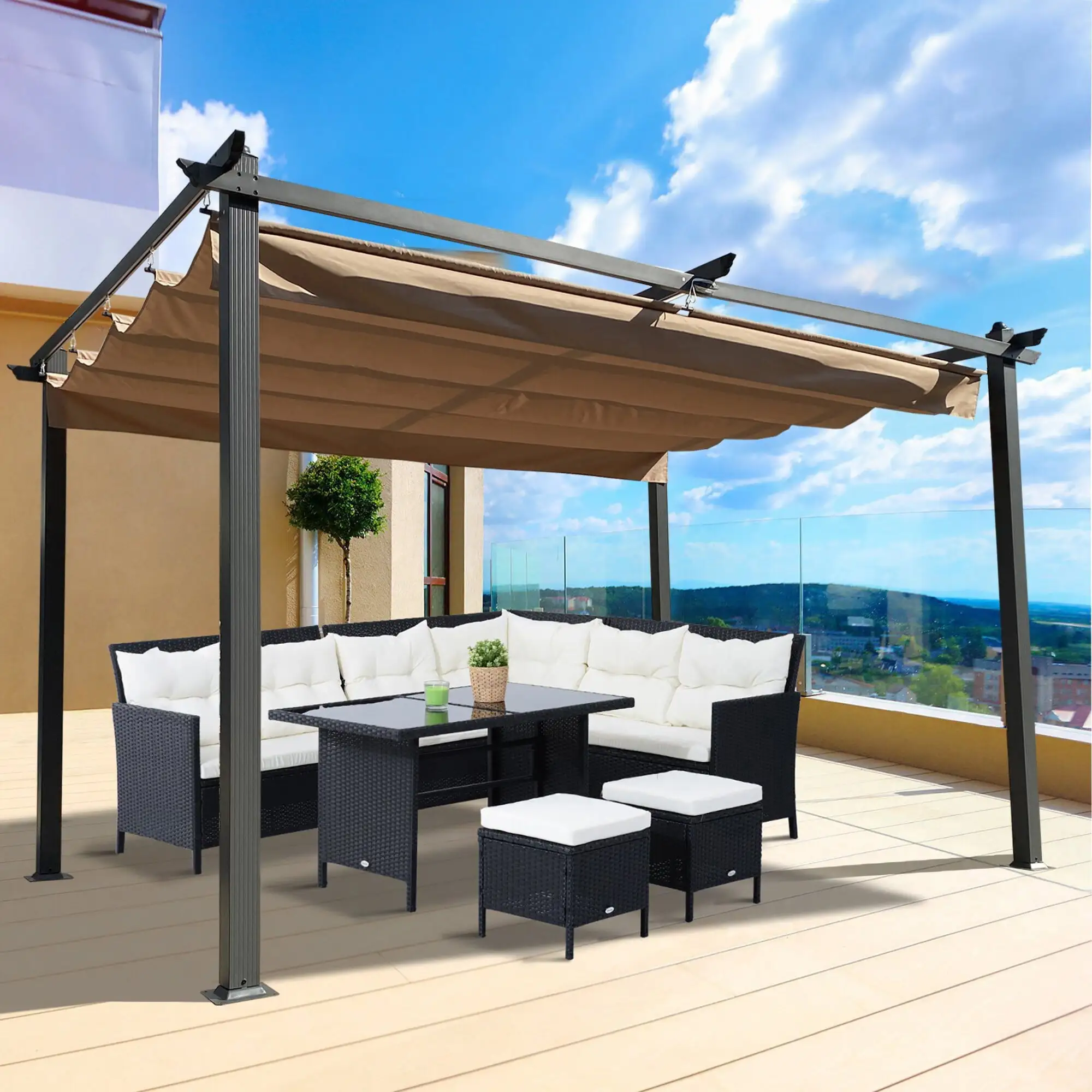 13 x 10 Ft Outdoor Patio Retractable Pergola With Canopy Sun shelter Pergola for Gardens.Terraces.Backyard Beige