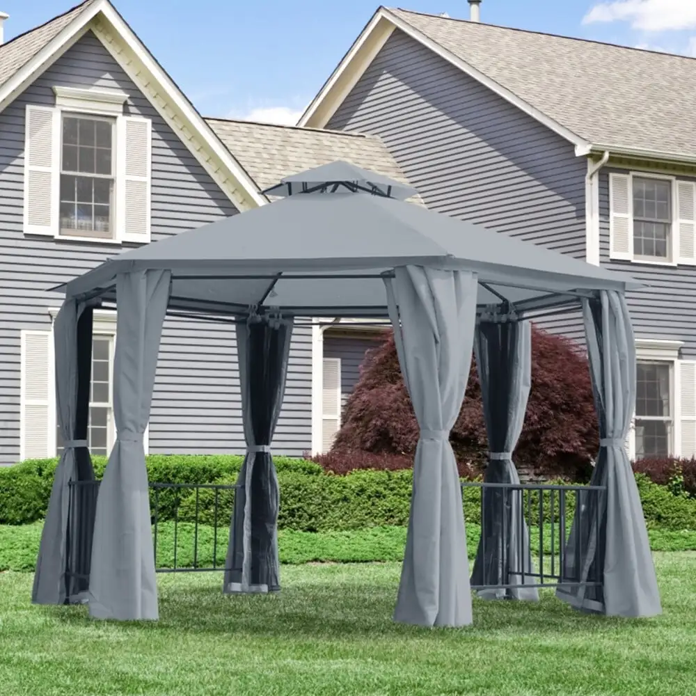 13' x 13' Double Canopy Gazebo with Netting and Shaded Curtains. Outdoor Gazebo 2-Tier Hardtop Galvanized Iron Aluminum Frame for Parties Backyard. Patio. Garden. Event. Gray