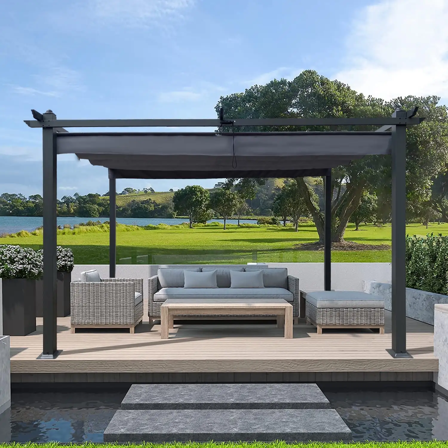 13x10 Ft Outdoor Patio Retractable Pergola With Canopy Sunshelter Pergola for Gardens Terraces Backyard Gray