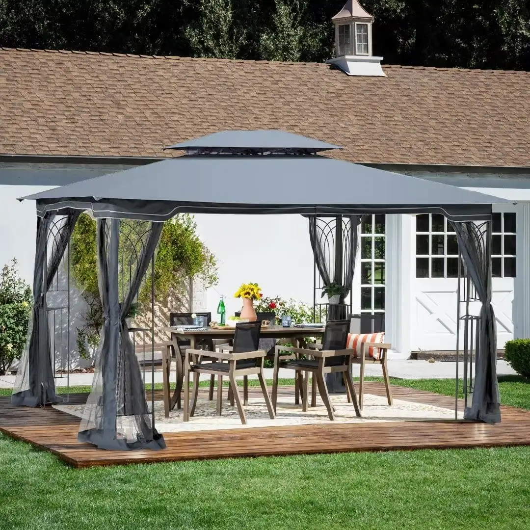 13x10 ft Gazebo Double Roof Canopy with Netting and Shaded Curtains. Outdoor Gazebo 2-Tier Hardtop Galvanized Iron Aluminum Frame Garden Tent for Patio. Backyard. Deck and Lawns. Gray