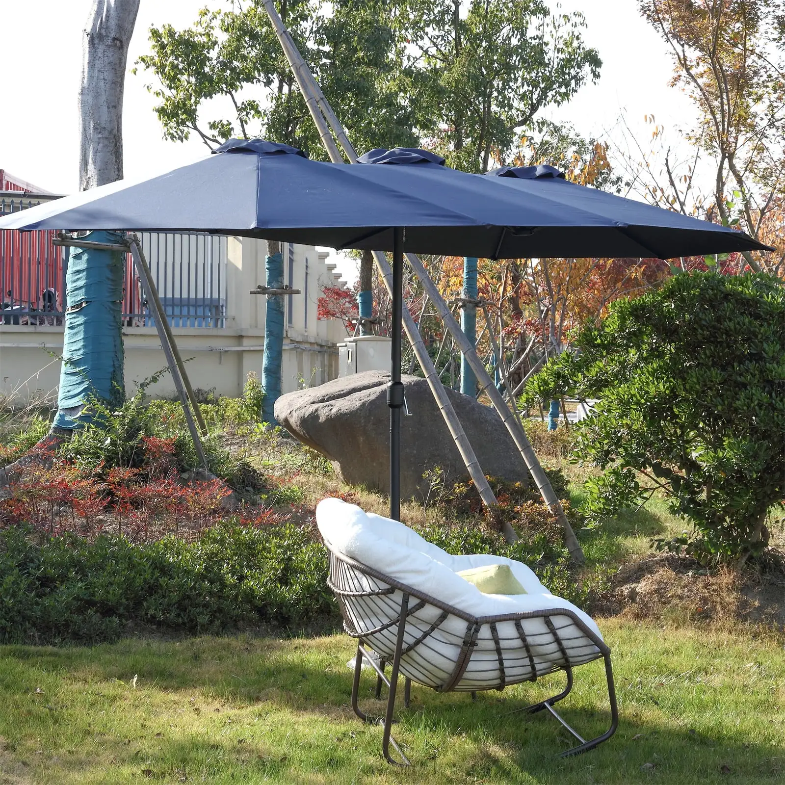 14.8Ft Patio Umbrellas with Base Included. Outdoor Double-Sided Rectangle Market Umbrella with Crank Handle. for Poolside Lawn Garden