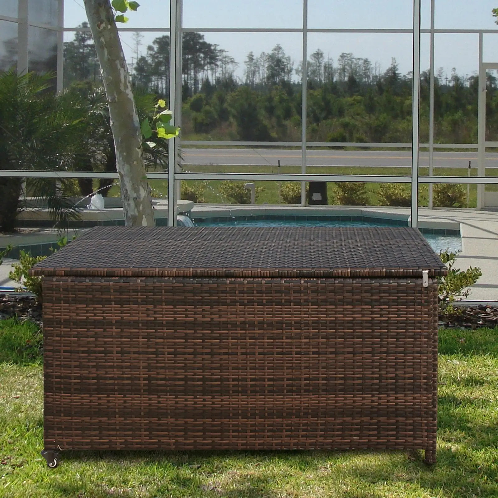 150 Gal Outdoor Storage Wicker Deck Box.Waterproof Lockable Container Rattan Storage Box.Brown