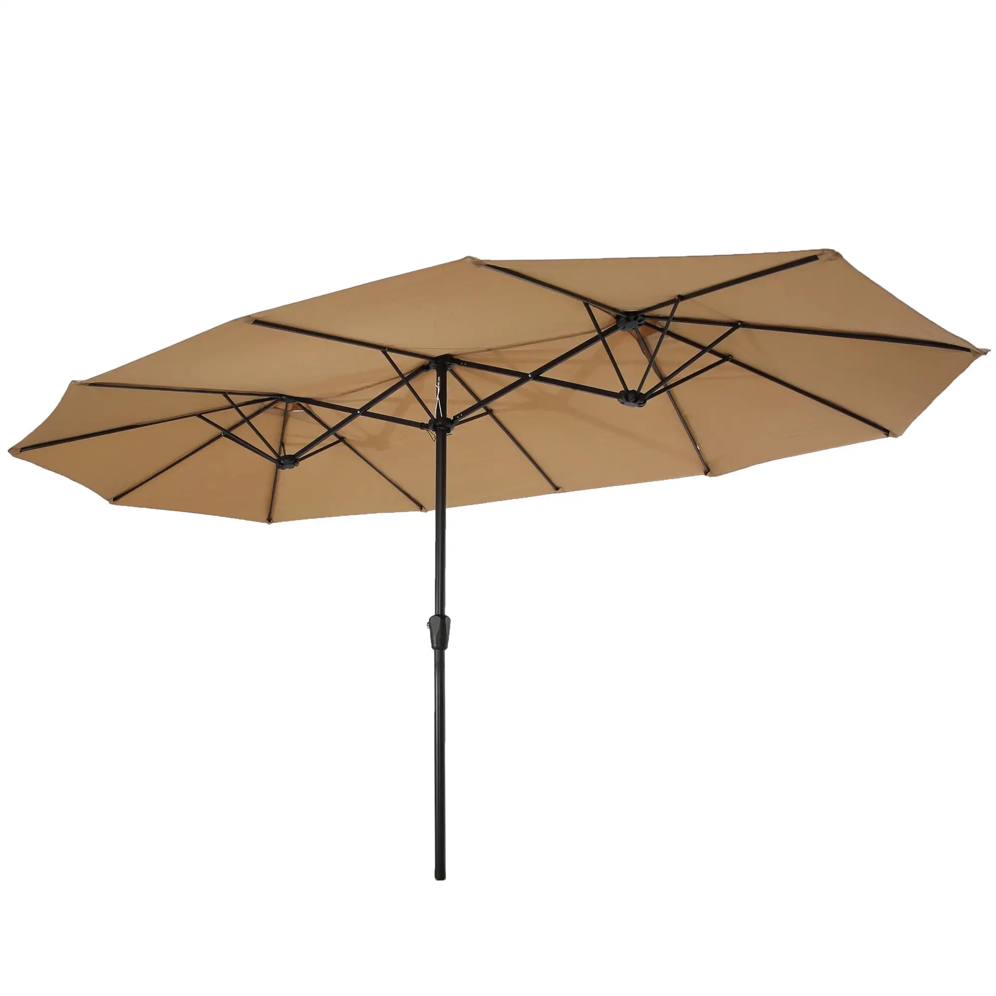 15Ft Twin Patio Market Umbrella. Foldable Deck Patio Table Umbrella w/ Crank. Durable Polyester Double-Sided Rain Shelter. Rectangular Sunscreen Beach Sun Shade Tent for Garden. Lawn. Backyard. S8632