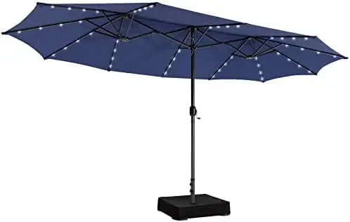 15ft Large Outdoor Umbrella Double-Sided 48 Solar Lights Auto-Charging Solar Panel Extra Large Patio Umbrella with Base and Crank Outdoor Market Umbrellas for Poolside Garden