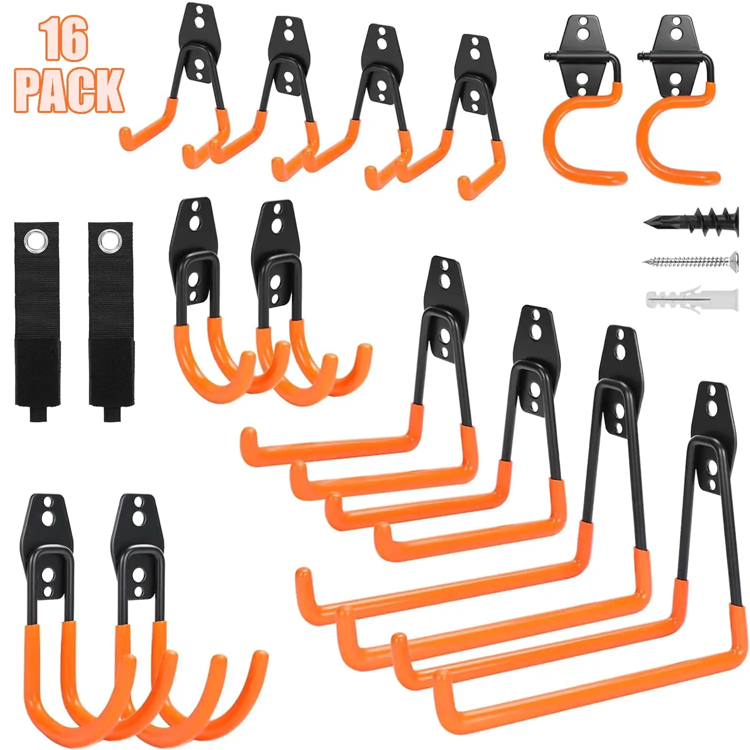 16 Packs Garage Hooks Utility Double Heavy Duty with Mop Broom Holders. Wall Mount Hooks. Garage Storage Organization and Tool Hangers for Power ?? Garden Tools. Ladders. Bikes(Orange)