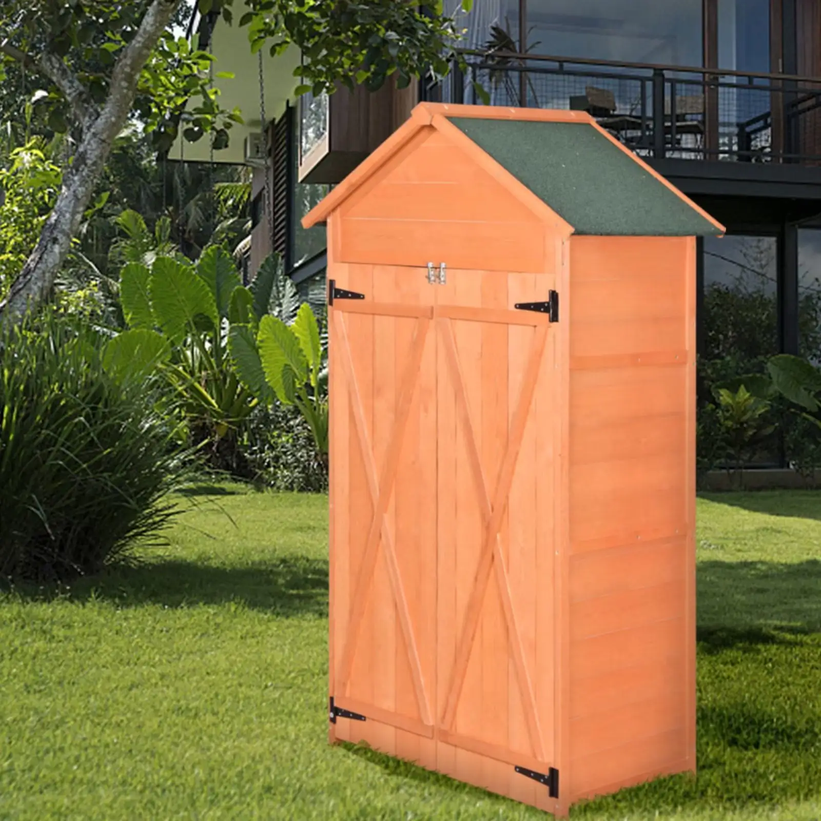 JINS&VICO Garden Storage Shed. Outdoor Wood Tool Shed Storage Cabinet with Lockable Doors for Patio. Meadow. Farmland. Natural