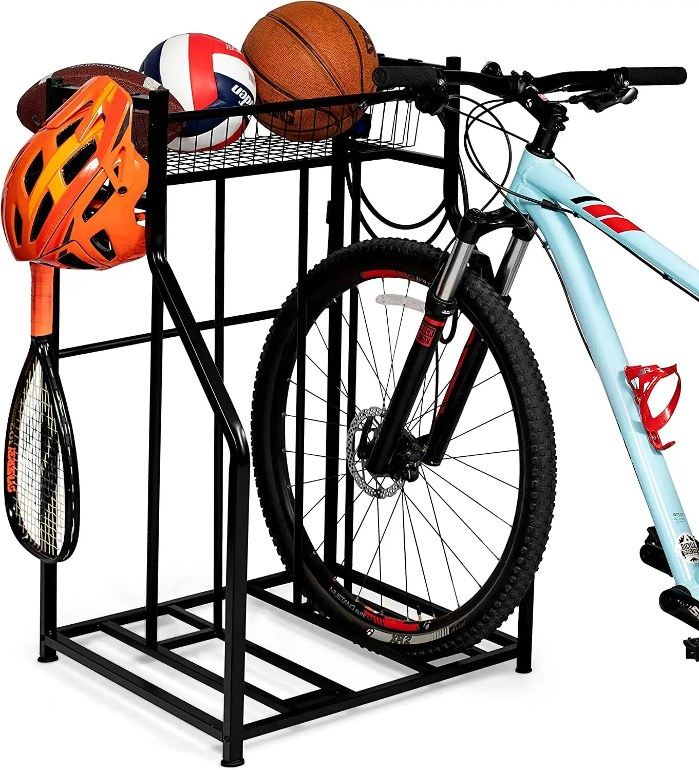 2 Bike Stand Rack with Storage - Compact - Great for Parking Road. Mountain. Hybrid or Kids Bikes - Garage Organizer - Helmet - Sports Storage Station