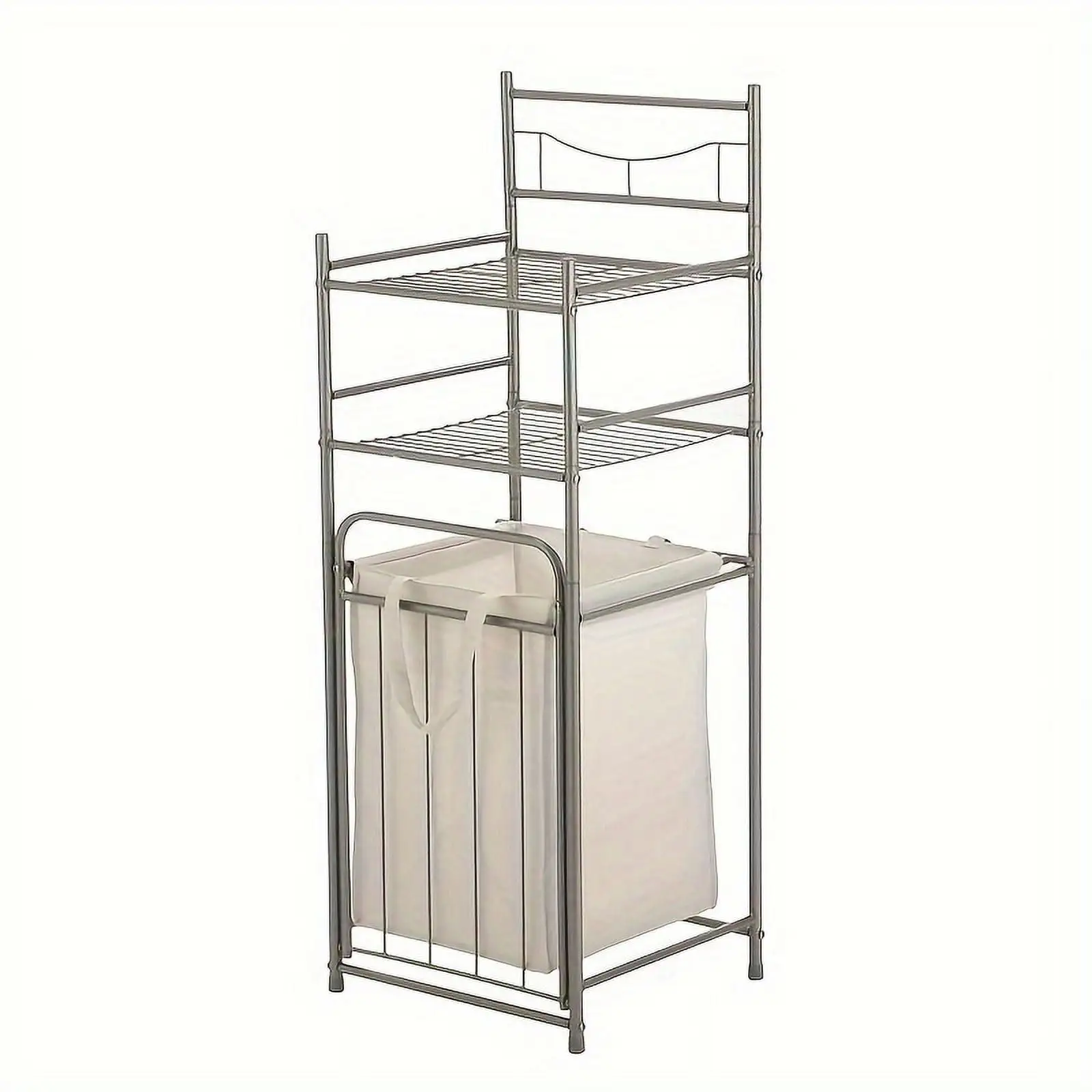 2-Shelf Steel Storage Shelf Unit with Hamper. Satin Nickel Finish Adult. 10 lb Capacity-15.00 x 14.00 x 41.30 Inches