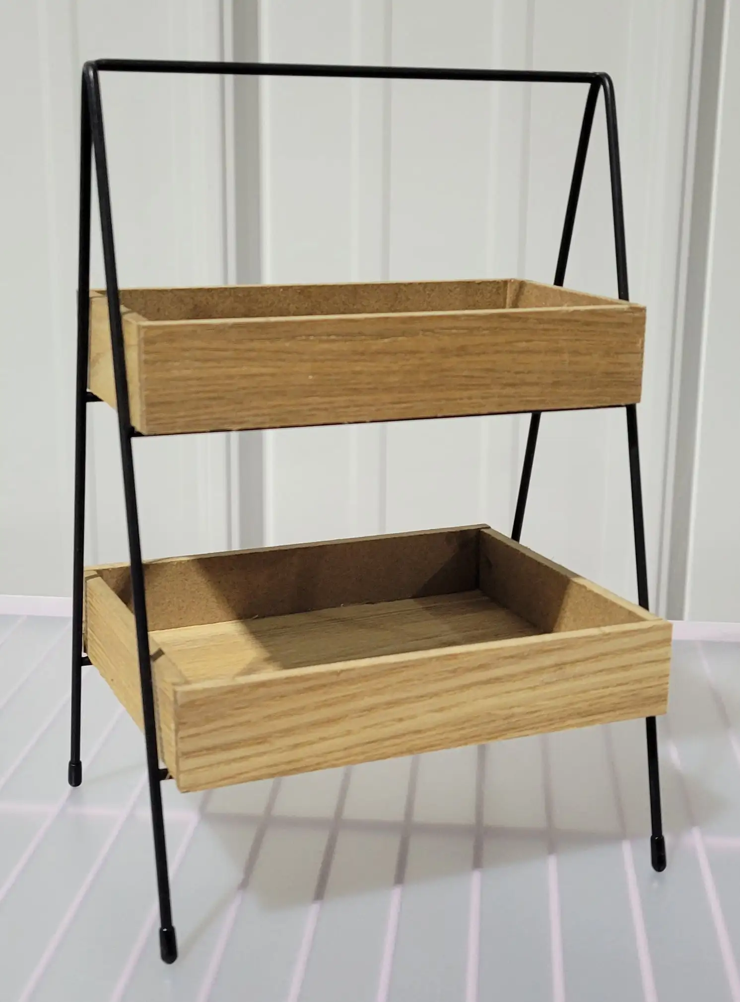 2 Tier A-Frame Side Decor Storage Tray Black Frame Wooden Box Shelves 10 x 6.5