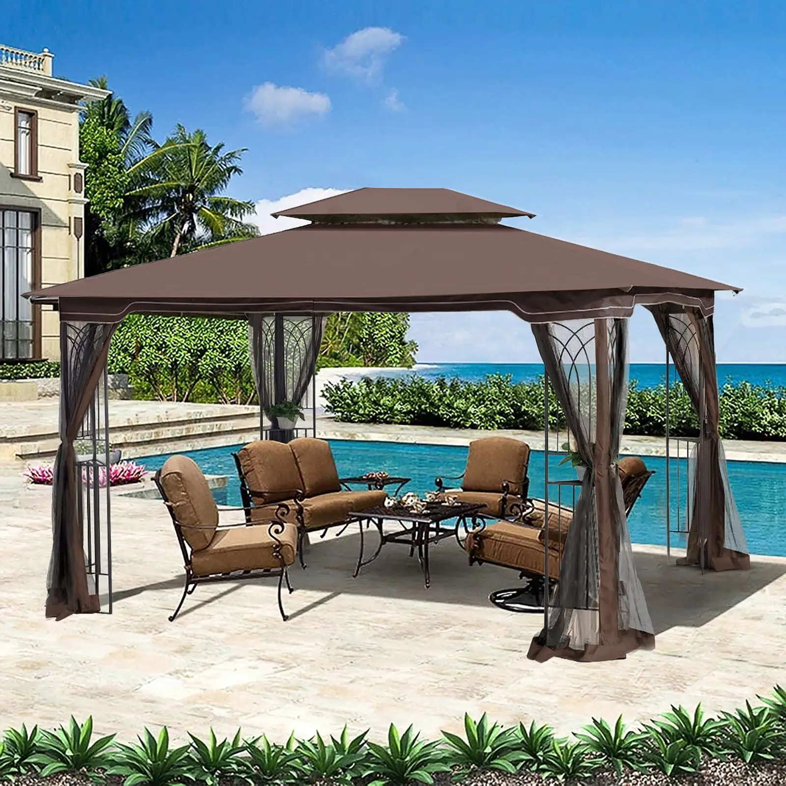 2024 Summer New 10x13 FT Outdoor Patio Gazebo Canopy Tent. with Ventilated Double Roof and Mosquito net(Detachable Mesh Screen On All Sides). Suitable for Lawn. Garden. Backyard and Deck