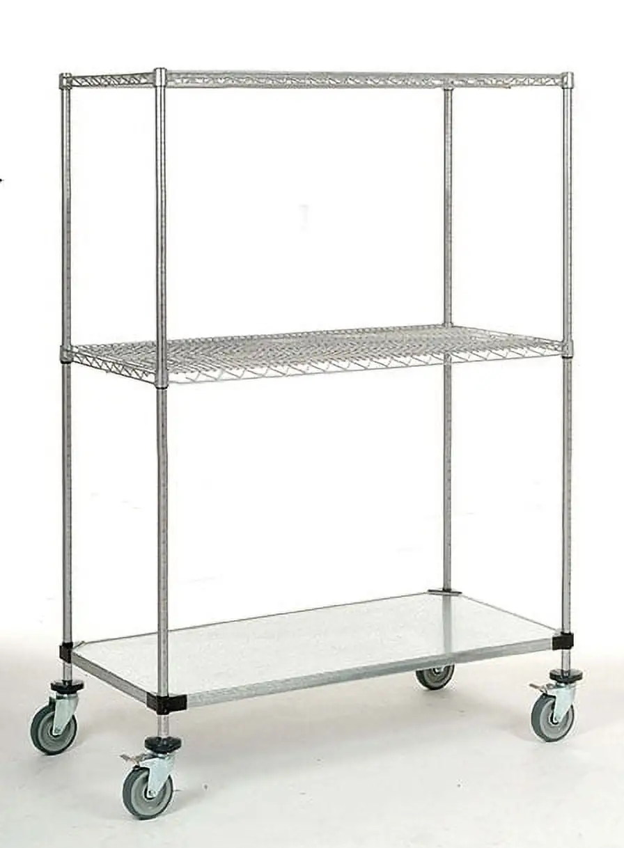 24 Deep x 48 Wide x 80 High 1200 lb Capacity Mobile Unit with 2 Wire Shelves and 1 Solid Shelf