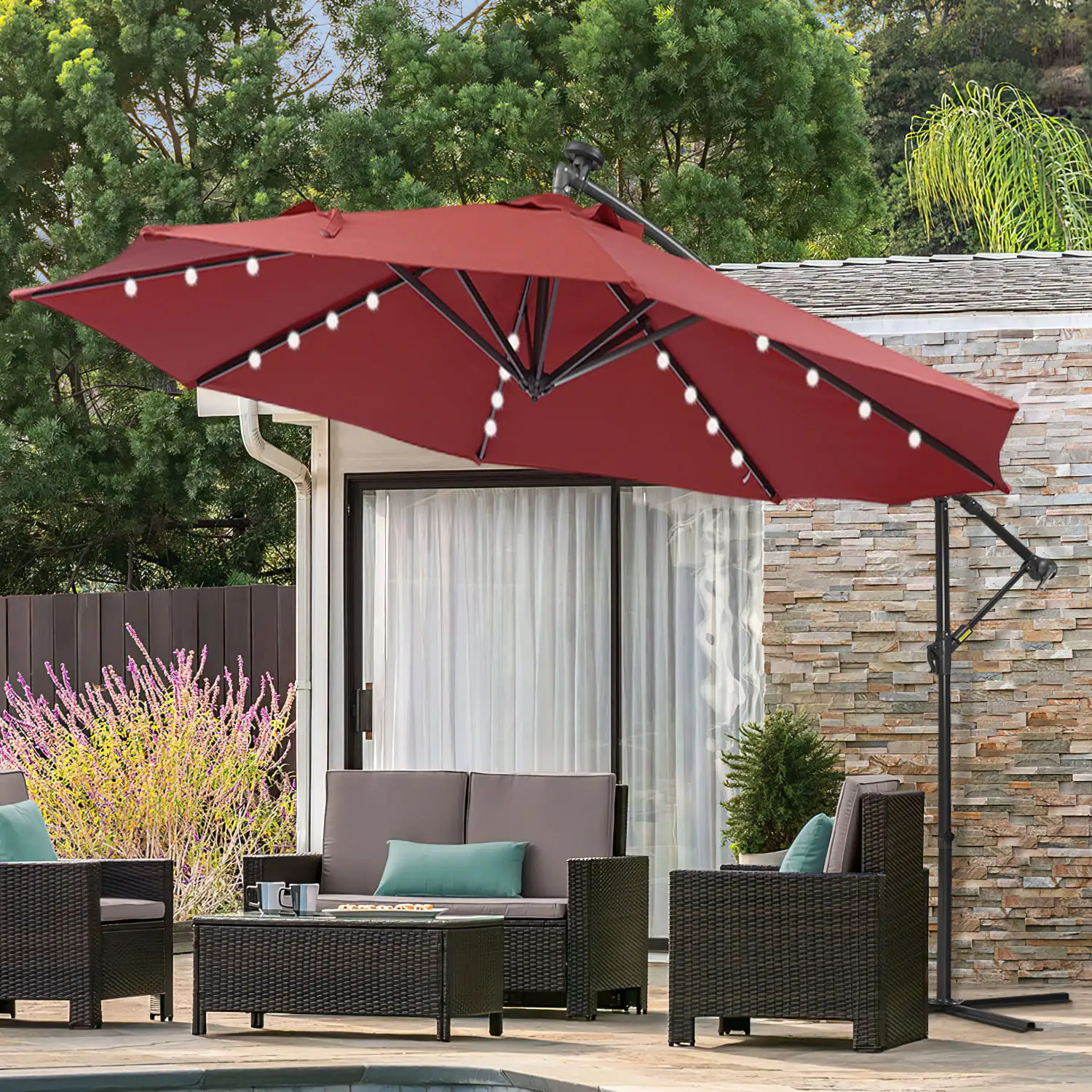 Topcobe 10Ft Solar LED Outdoor Patio Umbrella with 32 LED Lights for Garden. Backyard & Pool. Red