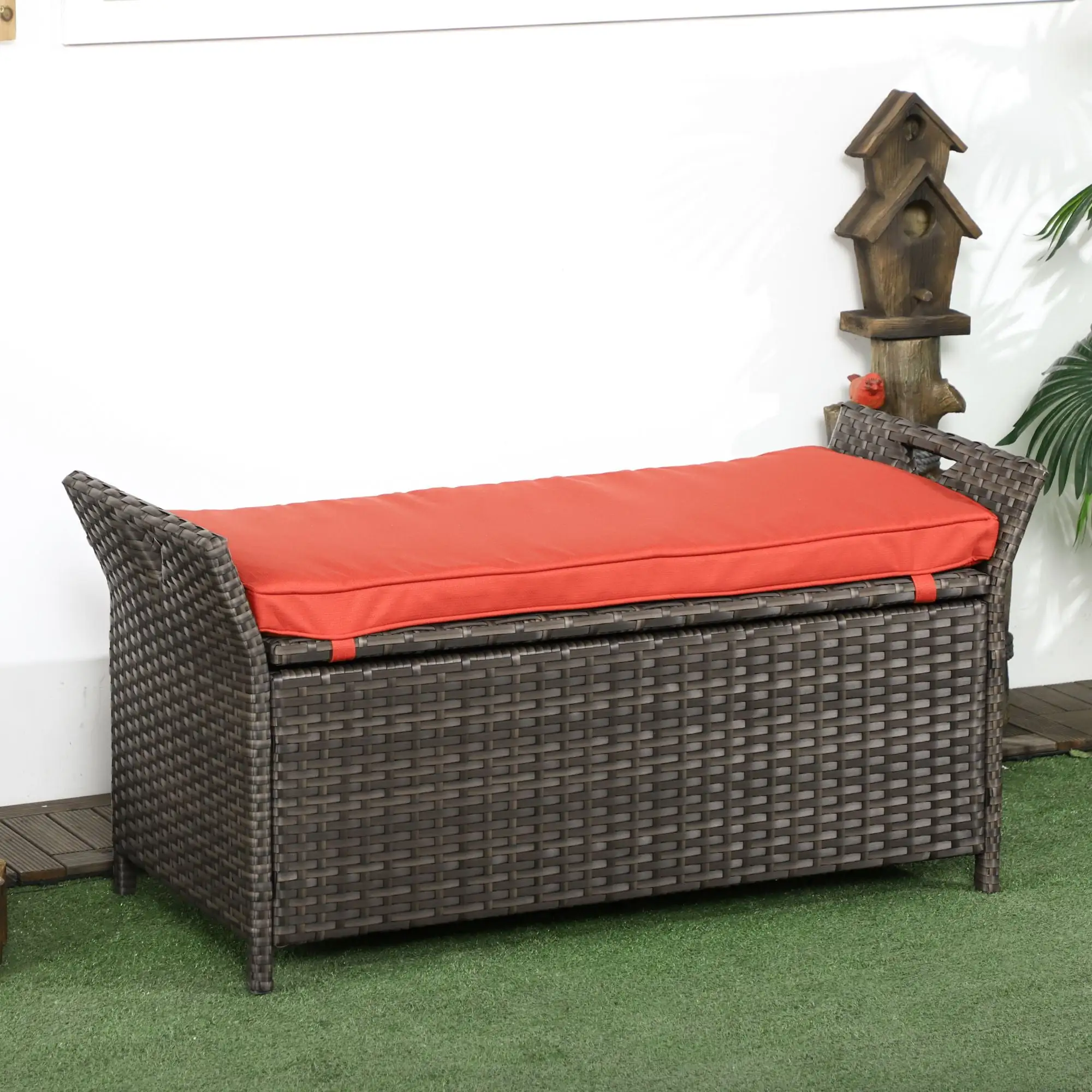 27 Gallon Outdoor Wicker Storage Bench with Red Cushion. Patio PE Rattan Deck Box with Handles