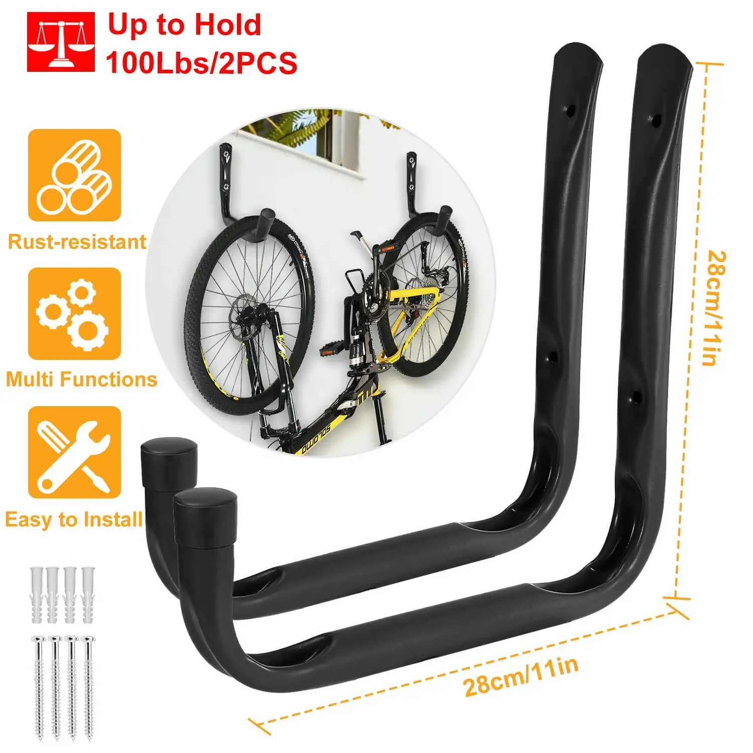 2Pcs Wall Mounted Large Utility Garage Storage Hook. iMounTEK Steel Hanger for Ladders Bike Surfboard Kayak. Black