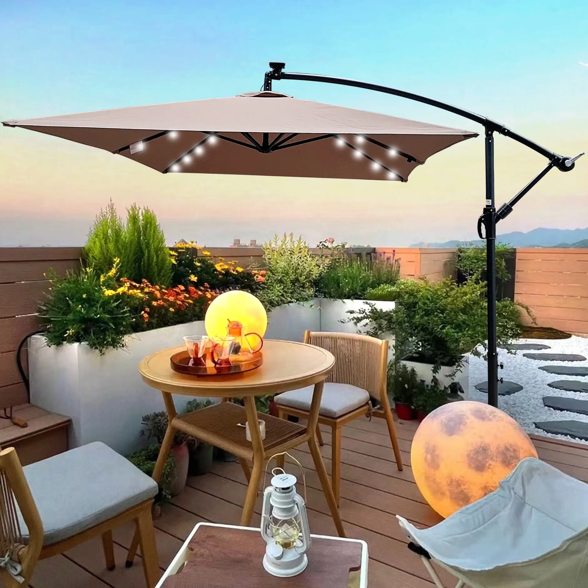 2X3M Outdoor Patio Umbrella .Beach Umbrella With 26 Solar-Powered Led Lights. Crank And Cross Base.6 Ribs Umbrella For Poolside Lawn Garden.Beach.Mushroom