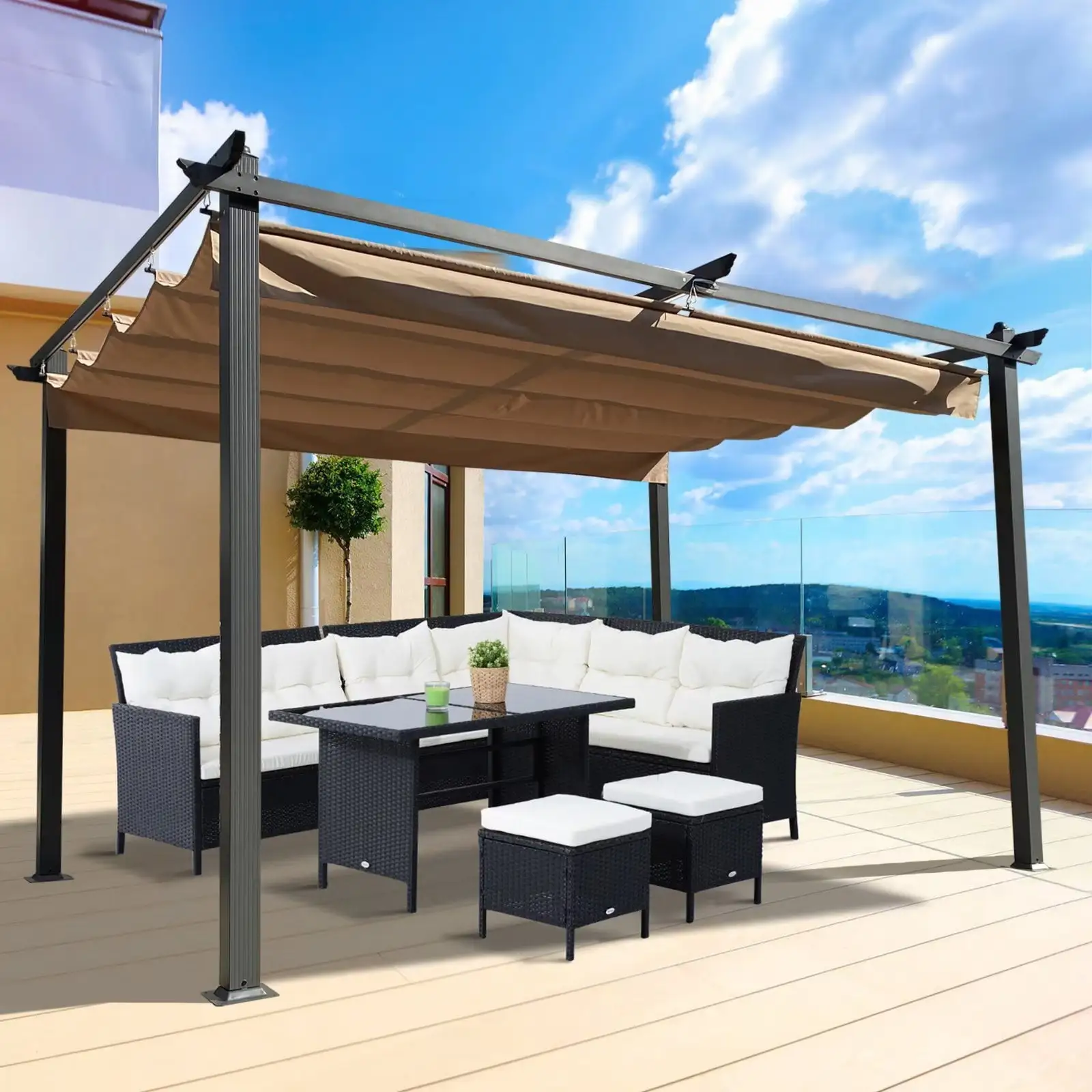 13 Ft x 10 Ft Outdoor Patio Retractable Pergola with Canopy. Sun Shelter Pergola Patio Umbrella for Gardens. Terraces. Backyard. Beige