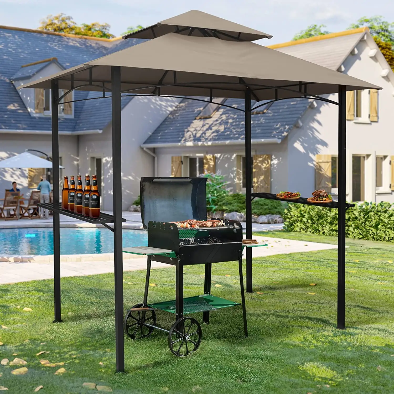 TOPCHANCES Grill Gazebo 5' x 8' Outdoor Patio Backyard BBQ Grill Shelter Double Tiered Canopy Top with Steel Frame and Bar Counter. Brown