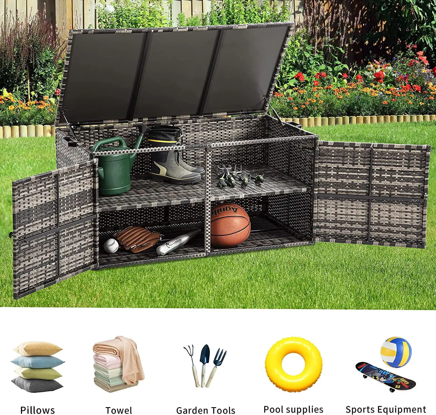 DWVO 120 Gallon Outdoor Wicker Storage Box. Large Rattan Deck Box Double Openable Door with Lid and Separate Storage Shelf for Patio. Cushions. Garden Tools. Pools & Sports Equipment (Gray)