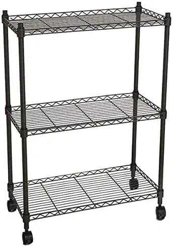 3-Layer Plastic Coated Iron Shelf with 1.5 Plastic Wheels 350*600*850 Black