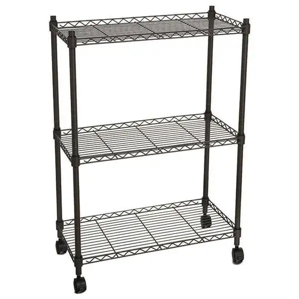 3-Layer Plastic Coated Iron Shelf with 1.5 Plastic Wheels 350*600*850 . Black