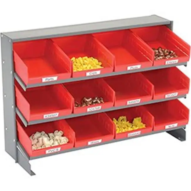 3 Shelf Bench Pick Rack with 12 Red Plastic Shelf Bins 8 Inch Wide - 33 x 12 x 21 in.