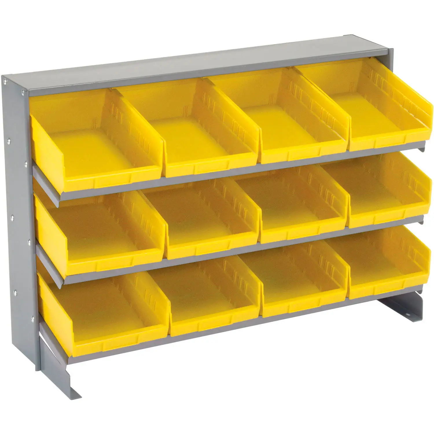 3 Shelf Bench Rack. (12) 8W Yellow Bins. 33x12x21