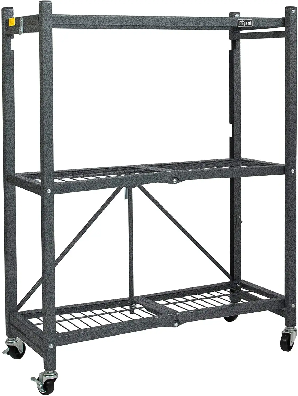 3 Shelf Foldable Storage Unit on 3 Caster Wheels. Unfolds in 5 Seconds. Holds up to 750 Pounds. Metal Organizer Wire Rack. 29 x 13 x 38. Heavy-Duty - Pewteri