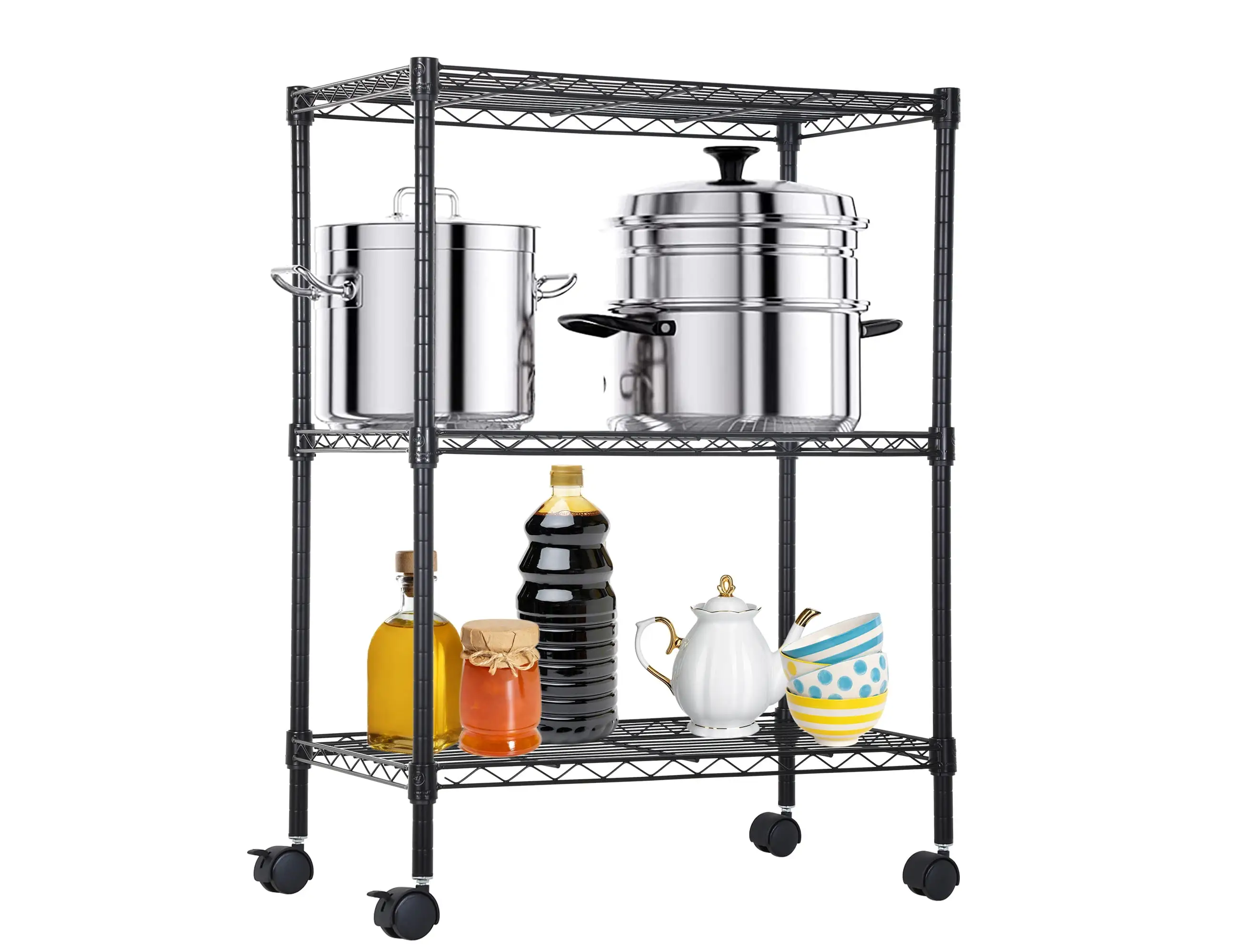 3 Shelf Shelving Storage Units with Wheels. Wire Heavy Duty Shelves for Storage Adjustable Storage Shelving Unit for Kitchen Garage Office Small Places Metal Organizer Wire Rack