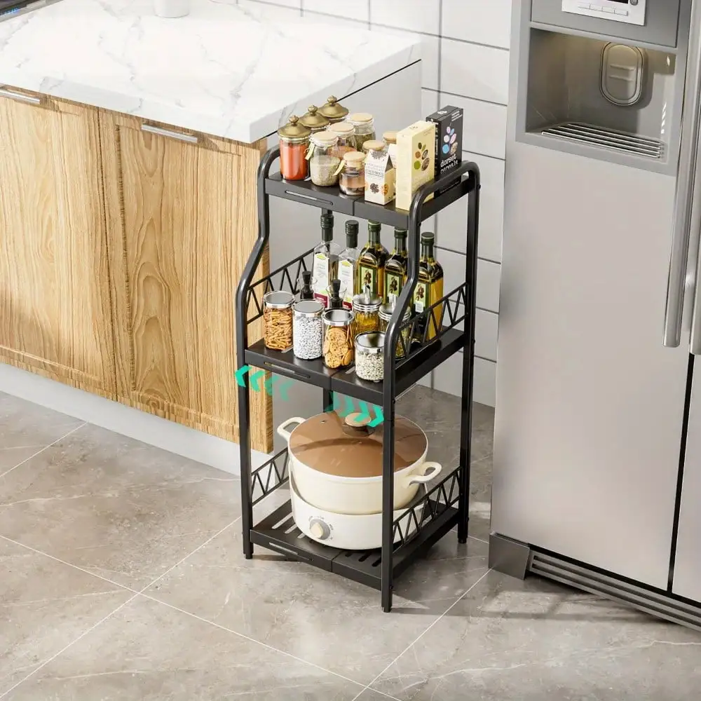 3 Tier Expandable Slim Storage Shelf. Narrow Shelf Open Floor Shelves Ideal for Bathroom Kitchen Laundry - Free Standing Metal Shelving Unit for Bathroom Storage Organizer