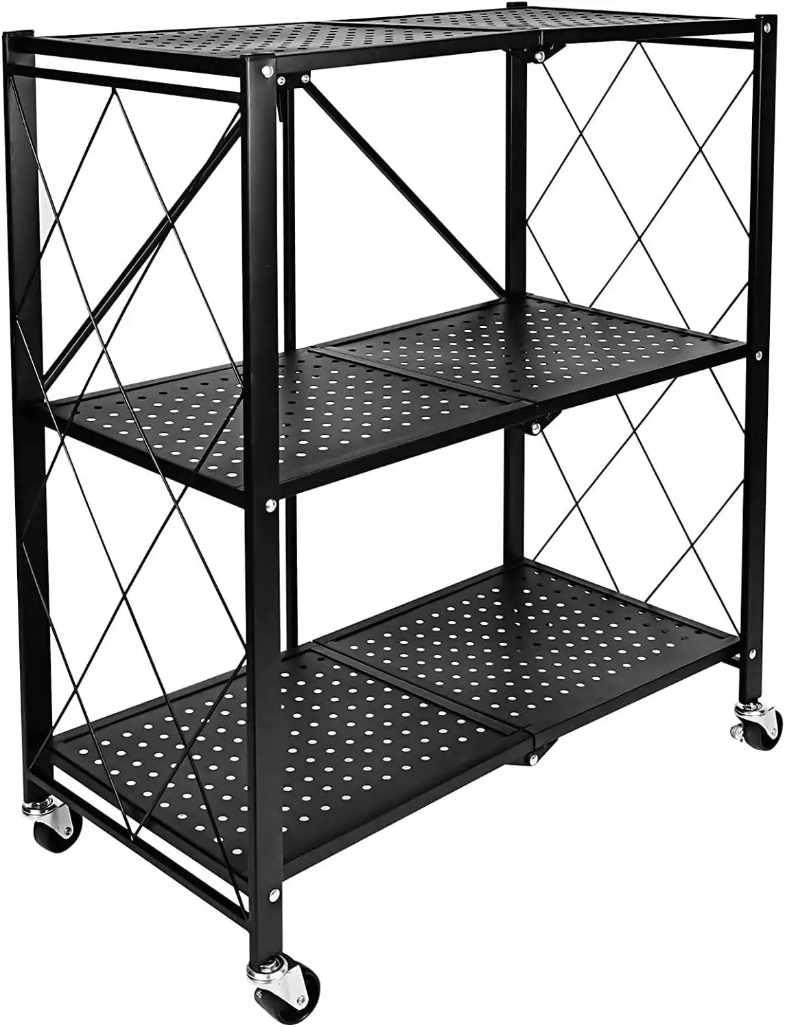 3-Tier Heavy Duty Foldable Metal Rack Storage Shelving Unit with Wheels Moving Easily Organizer Shelves Great for Garage Kitchen Holds up to 750 lbs Capacity. Black