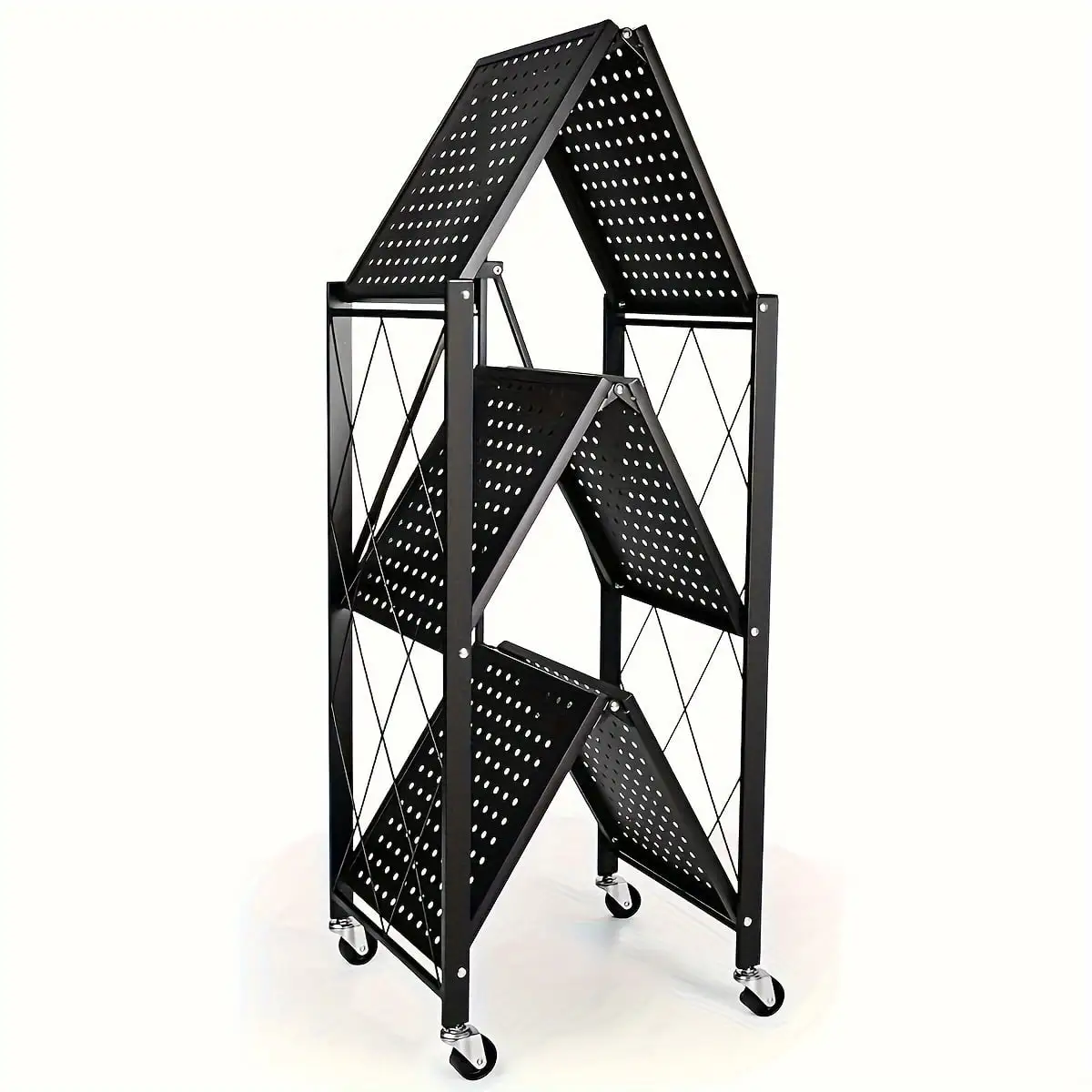 3-Tier Heavy Duty Foldable Metal Rack Storage Shelving Unit With Wheels Moving Easily Organizer Shelves Great For Garage Kitchen. Black