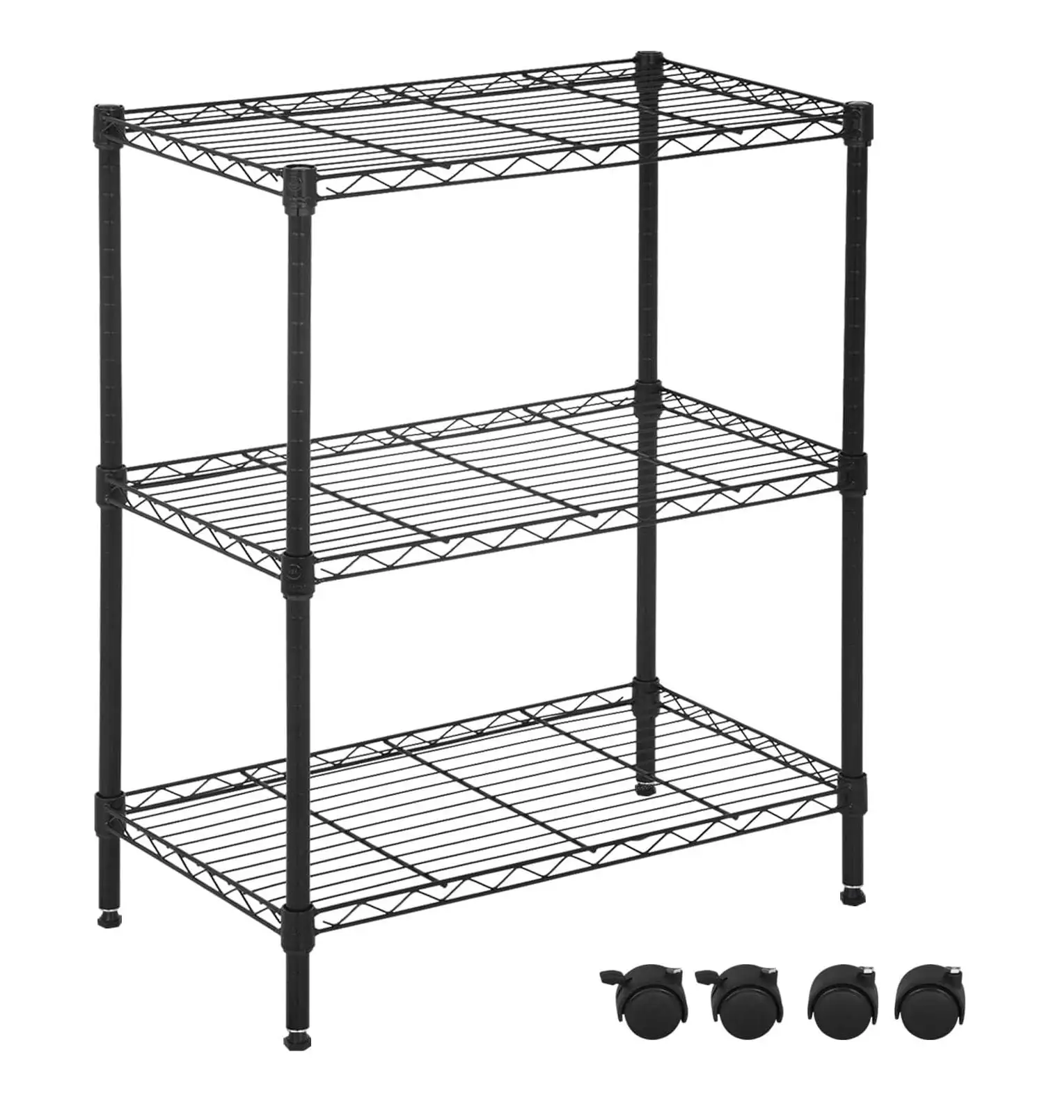 3-Tier Metal Shelving. Adjustable Wire Shelving Unit with Casters and Leveling Feets. NSF Certified Storage Shelves for Kitchen Pantry Laundry Bathroom Hallway. 23L x 13W x 32H. Black