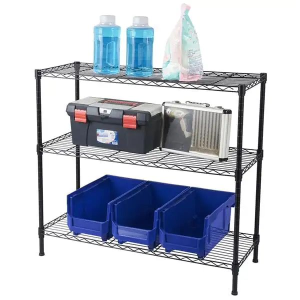 3-Tier Shelving Storage Unit Adjustable. Wire Rack Shelving Bathroom Storage Shelf Garage Shelf Units. Black Floor Standing Shelf with Storage for Kitchen Bathroom Bedroom Living Room