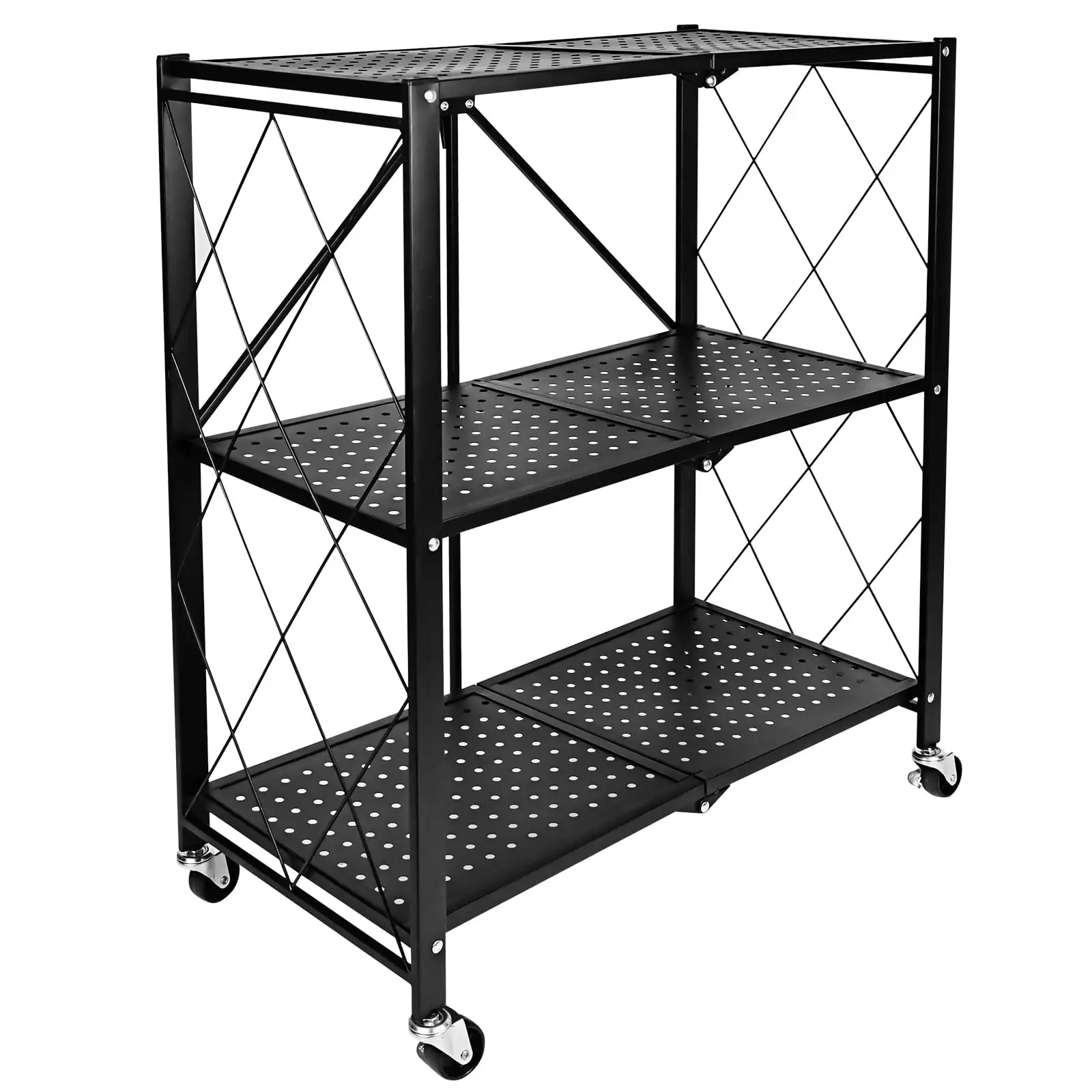 3-Tier Storage Shelf. Heavy Duty Foldable Metal Rack Storage Shelves with Wheels. Moving Easily Organizer Shelves for Garage Kitchen Living Room Bedroom. 750 lbs Wight Capacity. Black