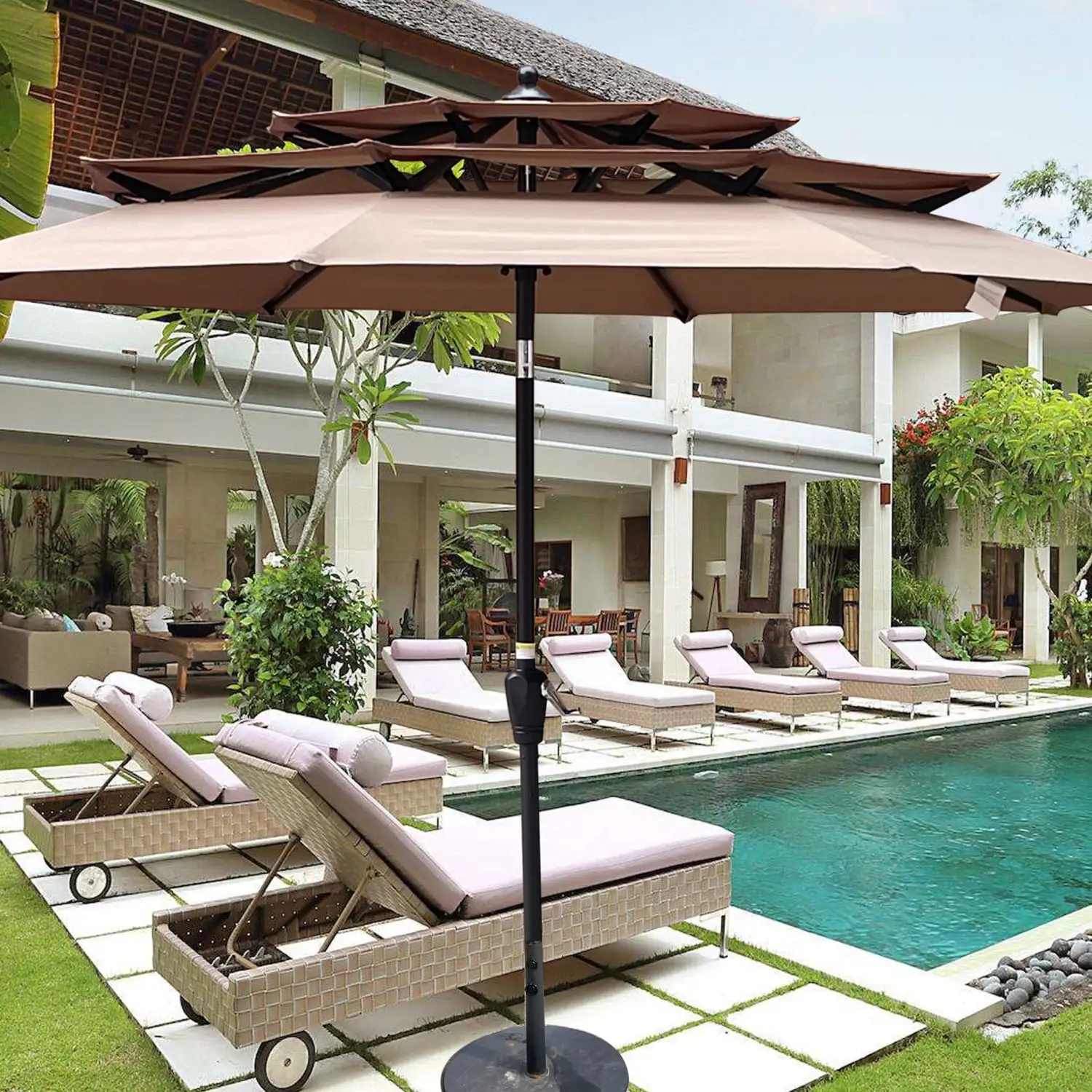 3-Tiered 9-Foot Outdoor Patio Umbrella with Crank Tilt and Wind Vents - Perfect for Providing Shade and Style in Your Garden Deck Backyard or Pool Area