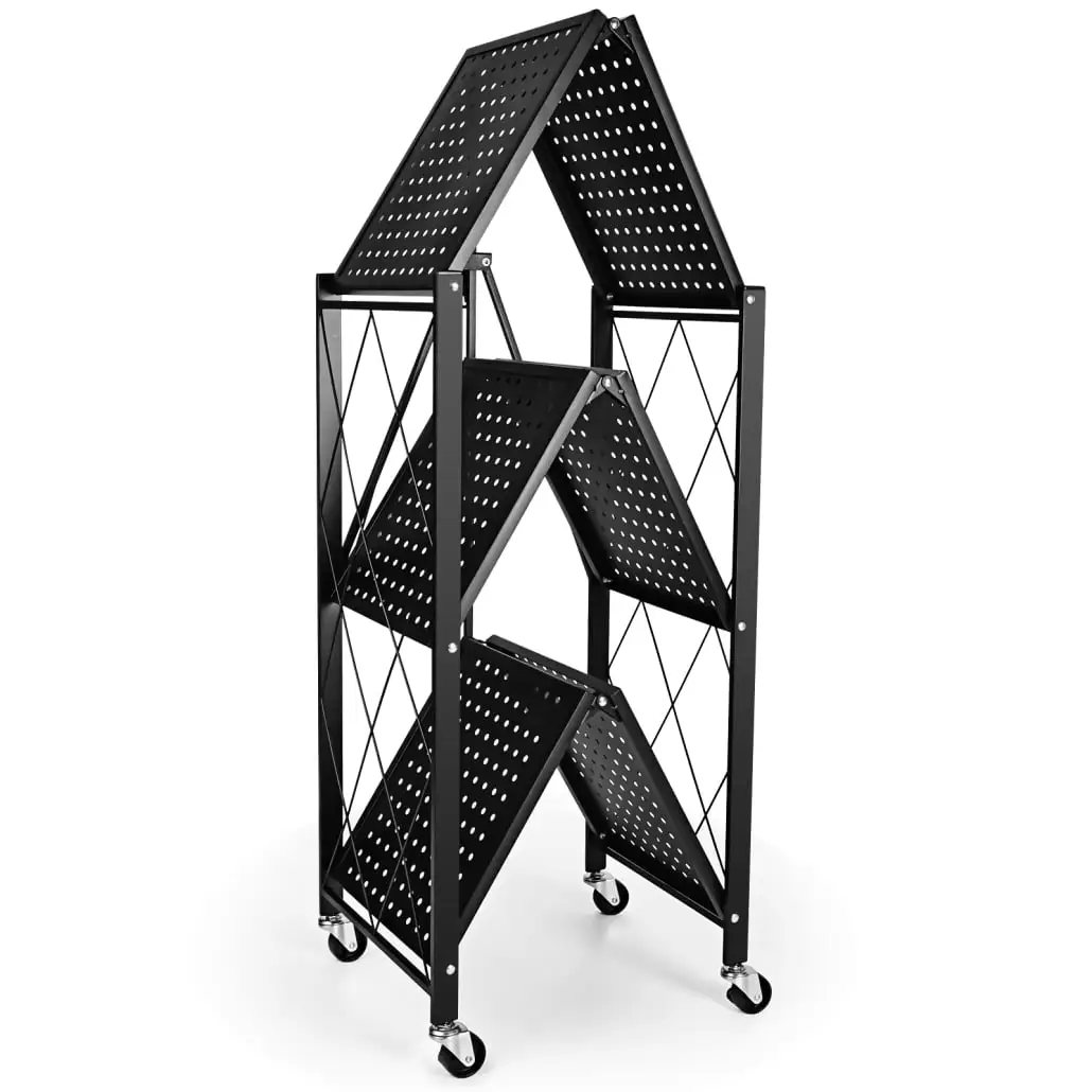 3-tier Foldable Storage Shelves with Wheels. Heavy Duty Metal Folding Shelving with Triangle Structure and Protective Side Fence. Moving Easily Organizer Shelves